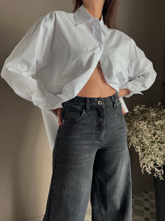 Pantalone denim vita alta gamba larga nero