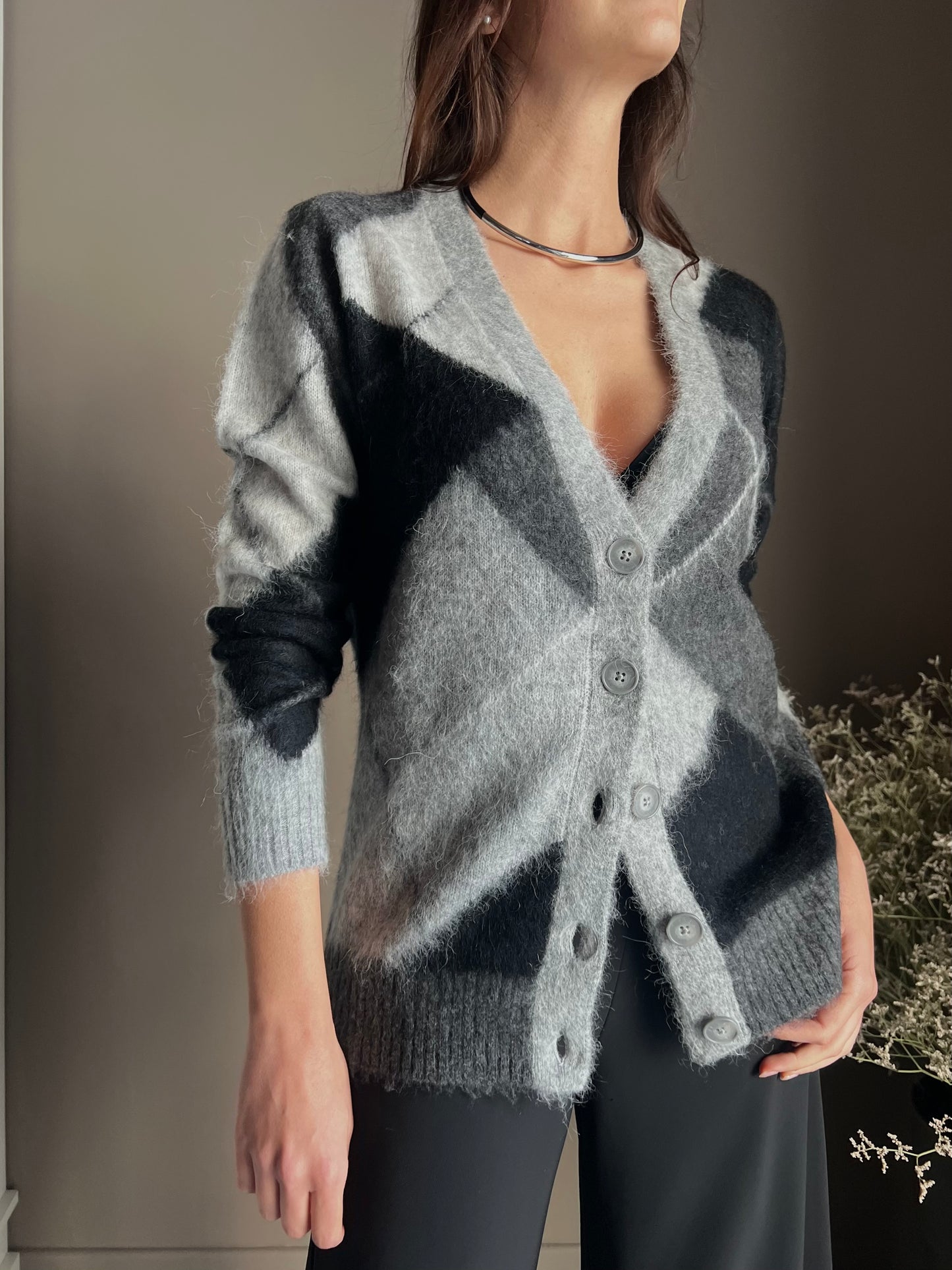 Cardigan losanghe in misto lana e Alpaca