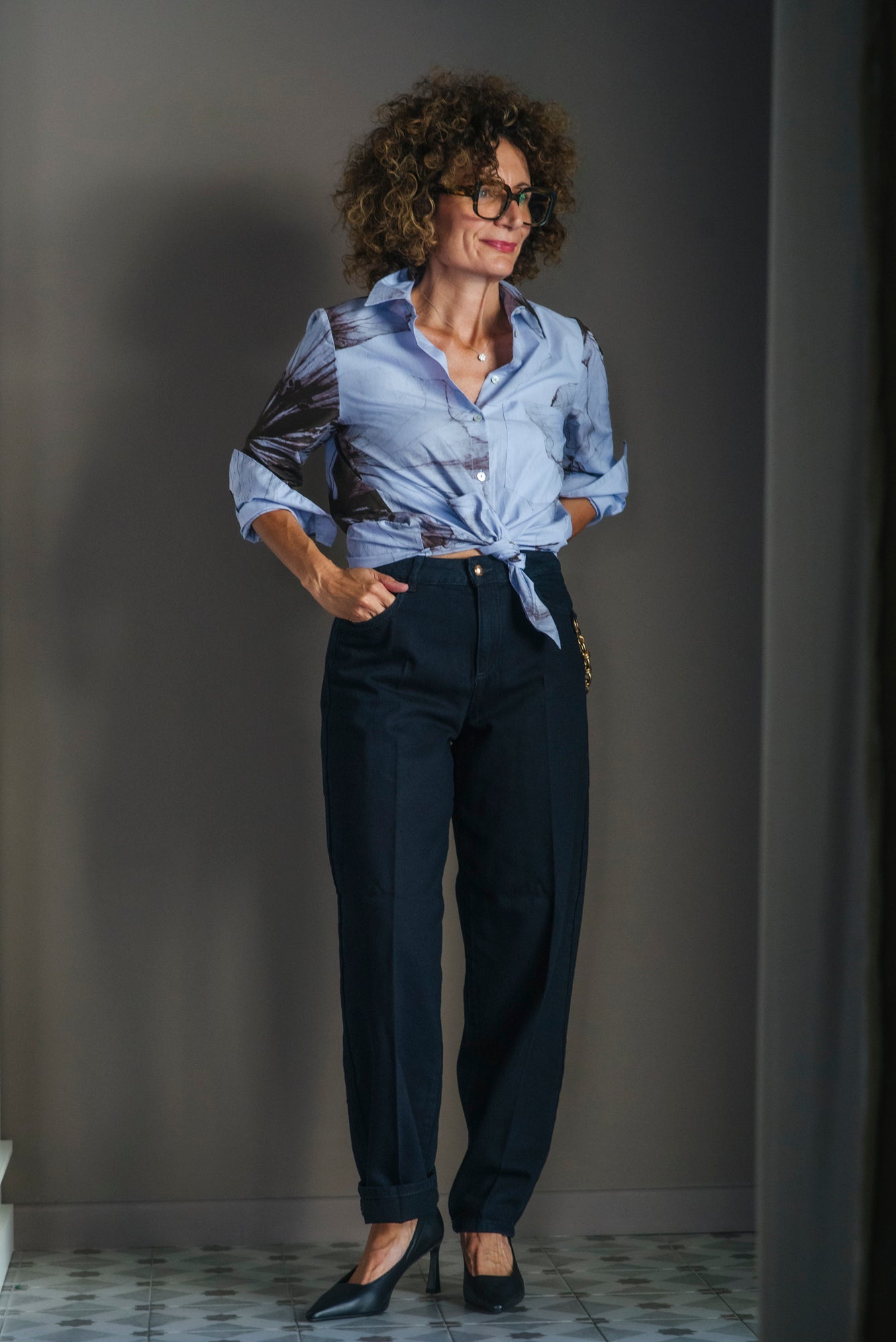 Pantaloni barrel blu/nero in cotone