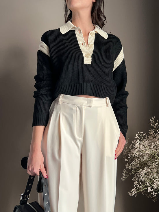 Maglia polo crop a costine