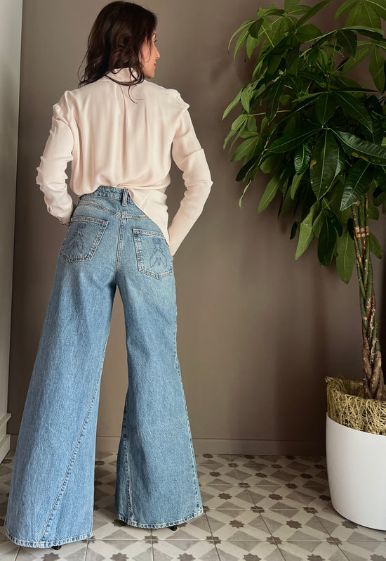 Pantalone denim vita alta gamba larga