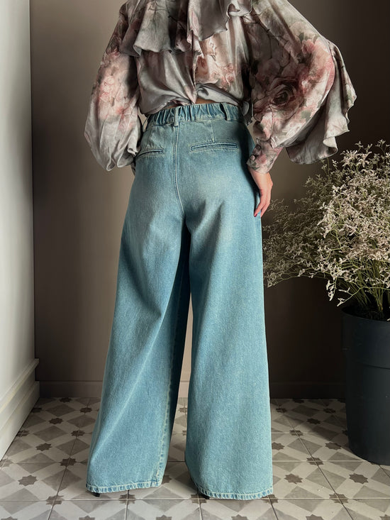 Pantalone denim Wide-Leg con pinces