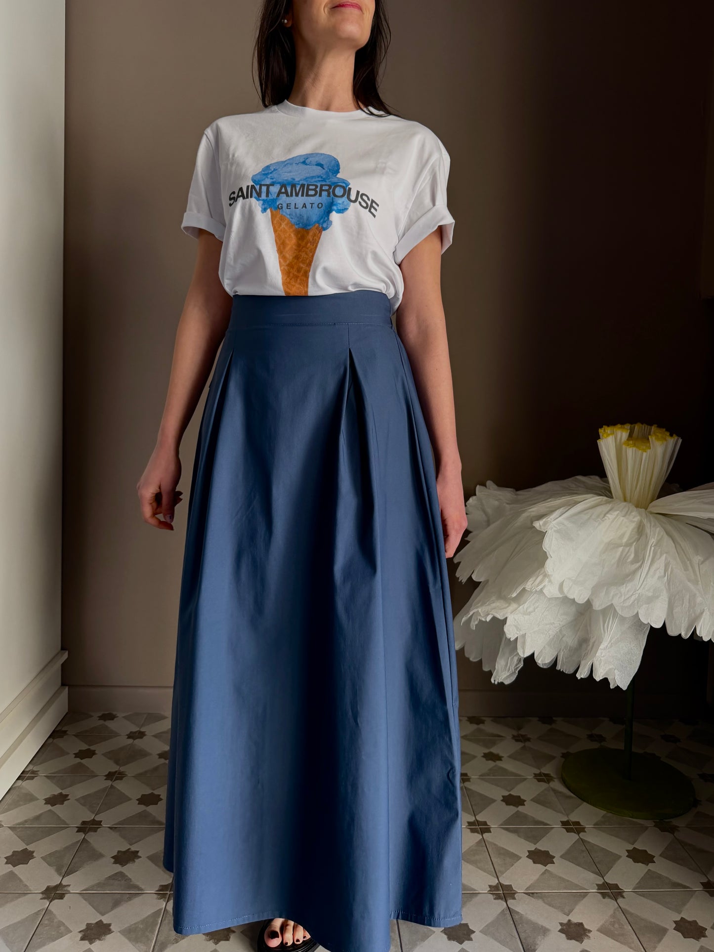 Gonna lunga in popeline di cotone blu