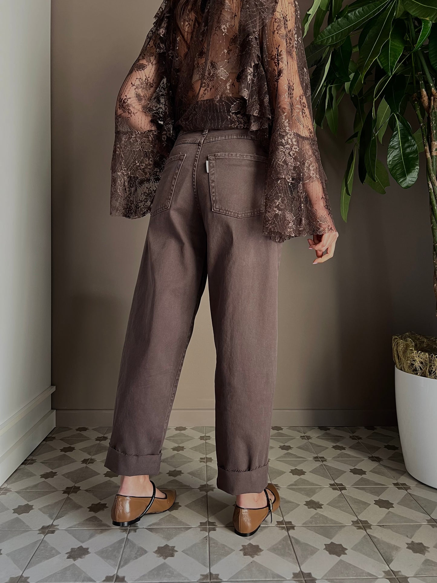 Pantalone denim vita alta forma a caramella