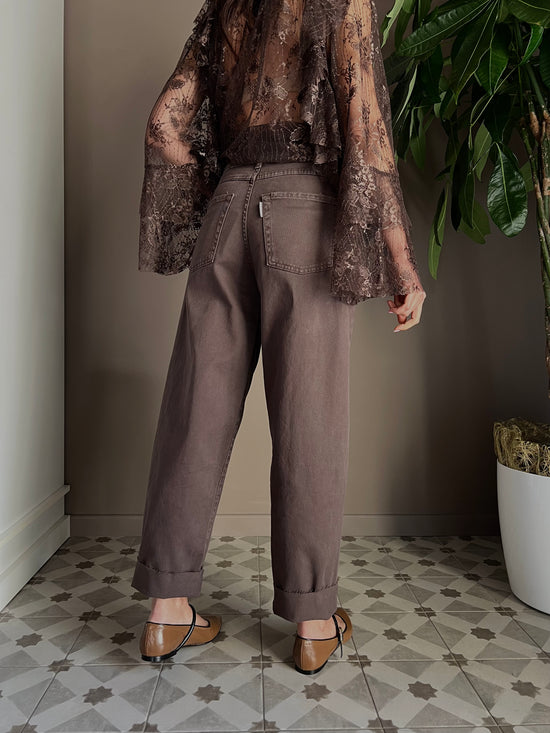 Pantalone denim vita alta forma a caramella