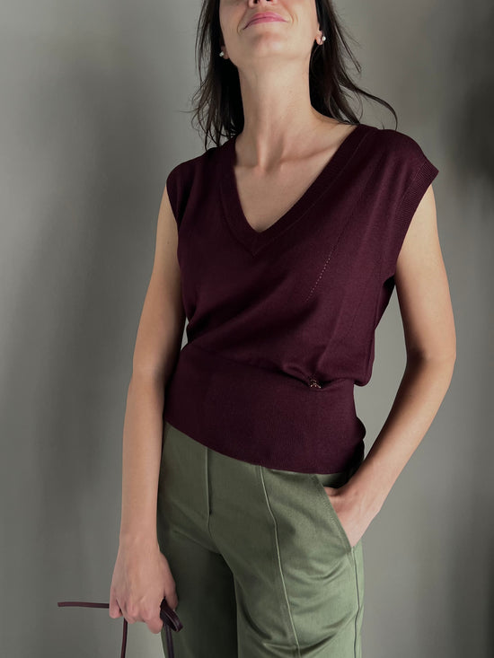 Gilet in maglia scollo V in lana Purple Red