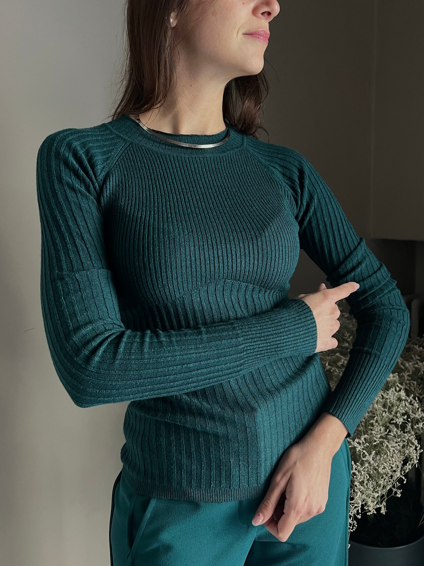 Maglia a costine manica Reglan Deep Green