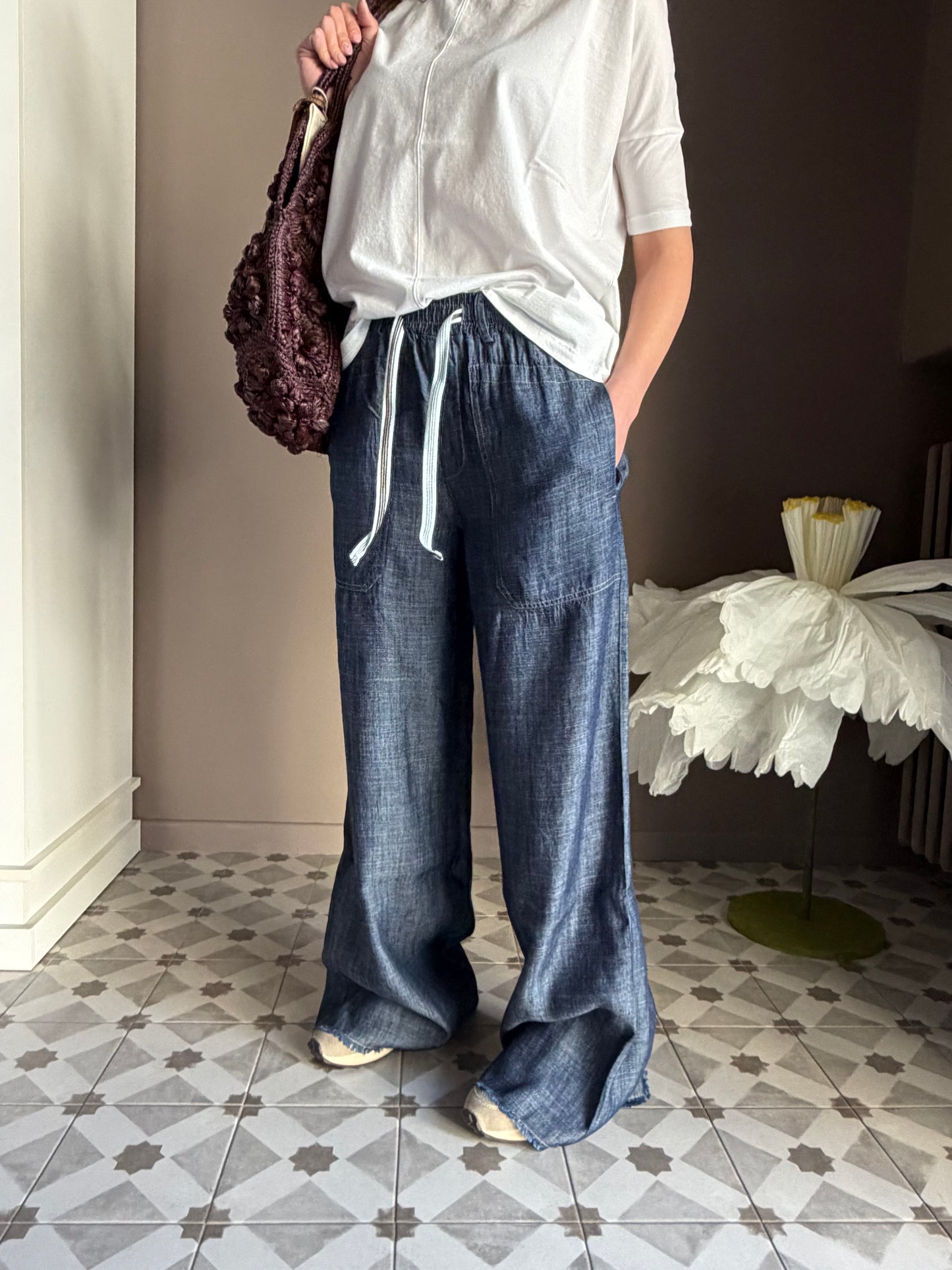 Pantalone chambray in cotone e Lyoncell