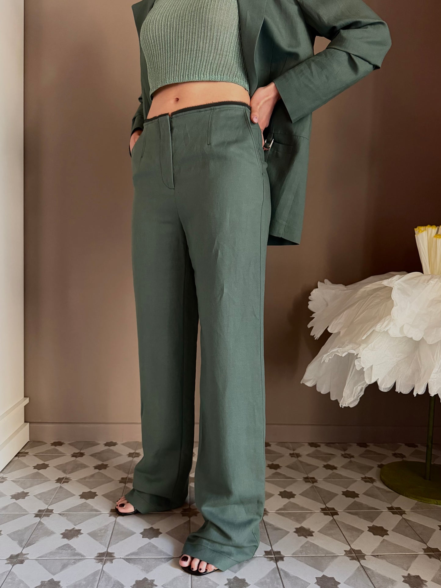 Pantalone Wide Leg in Lino e Viscosa – Verde Salvia