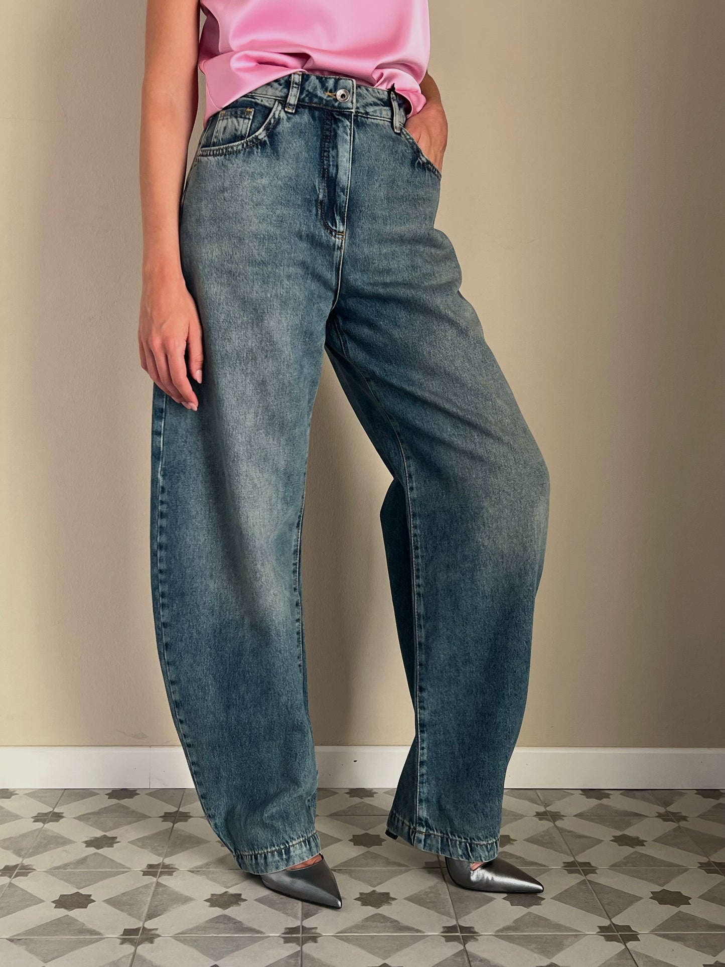 Pantalone baloon vita bassa in denim Blue