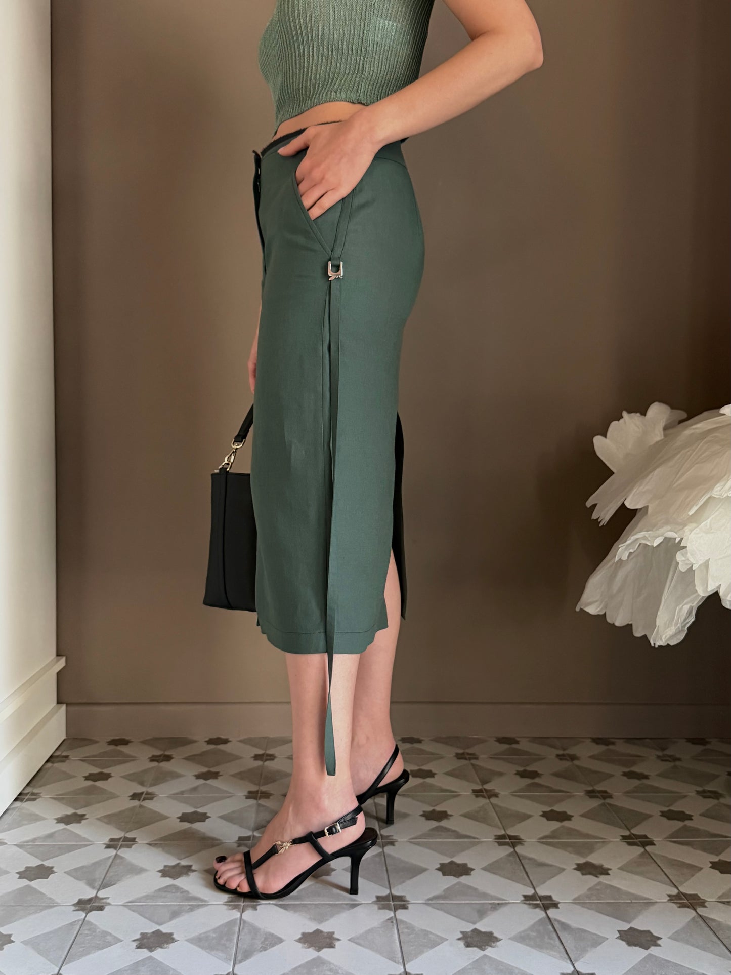 Gonna Midi Patrizia Pepe in Lino e Viscosa – Verde Salvia