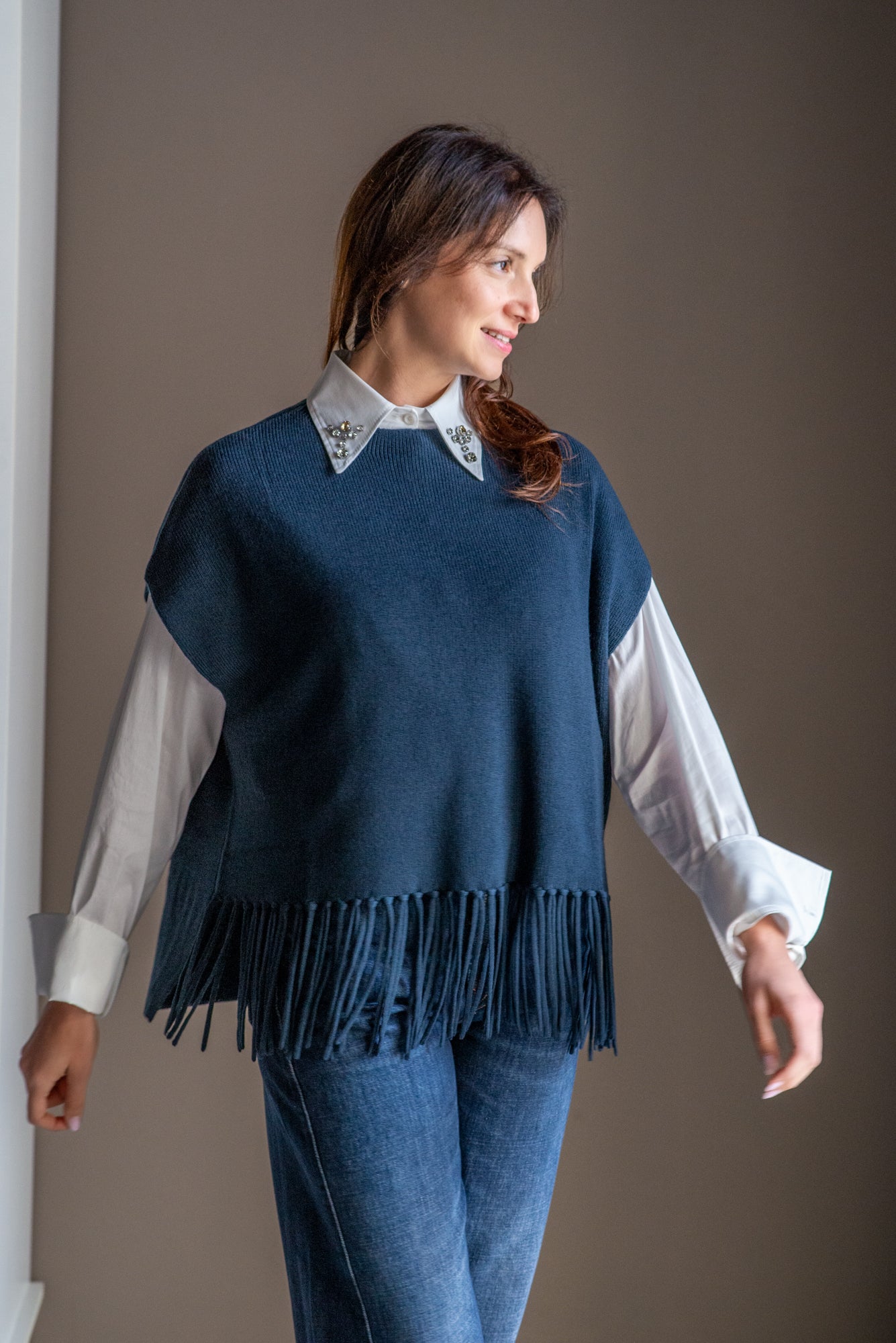 Gilet/Poncho in pura lana blu