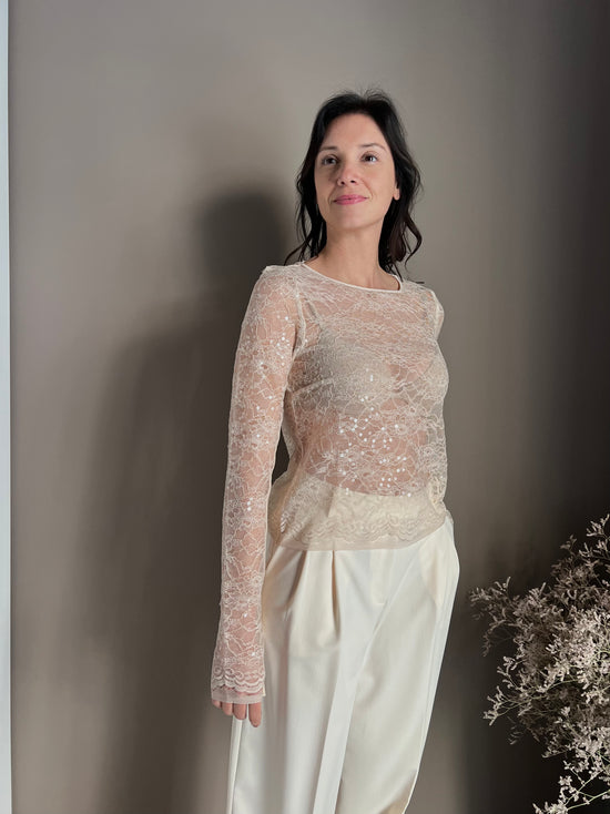 Top a maniche lunghe in pizzo con paillettes