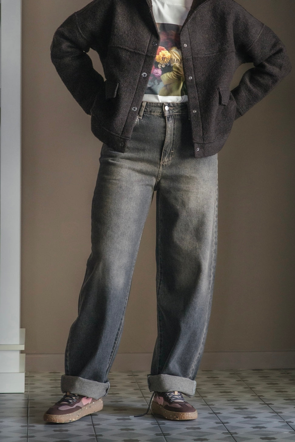 Pantalone denim grigio effetto vintage