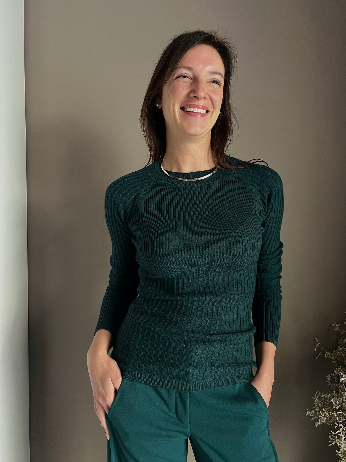 Maglia a costine manica Reglan Deep Green