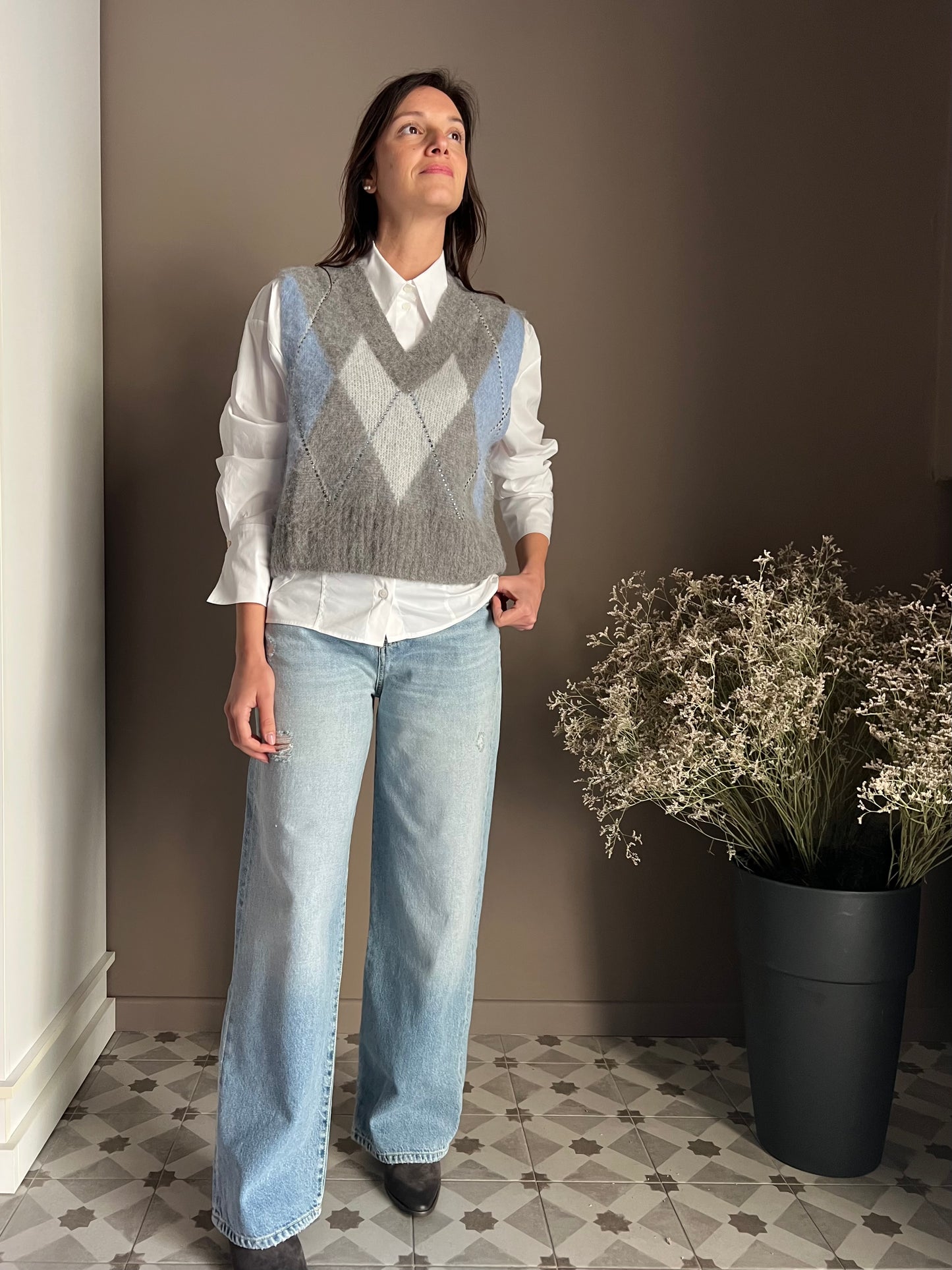 Gilet Oversize in Alpaca e Lana con Motivo Losanghe e Strass