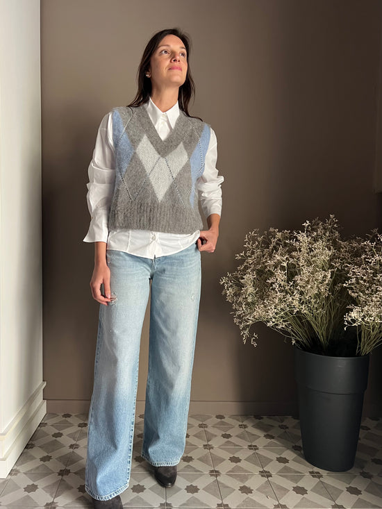 Gilet Oversize in Alpaca e Lana con Motivo Losanghe e Strass