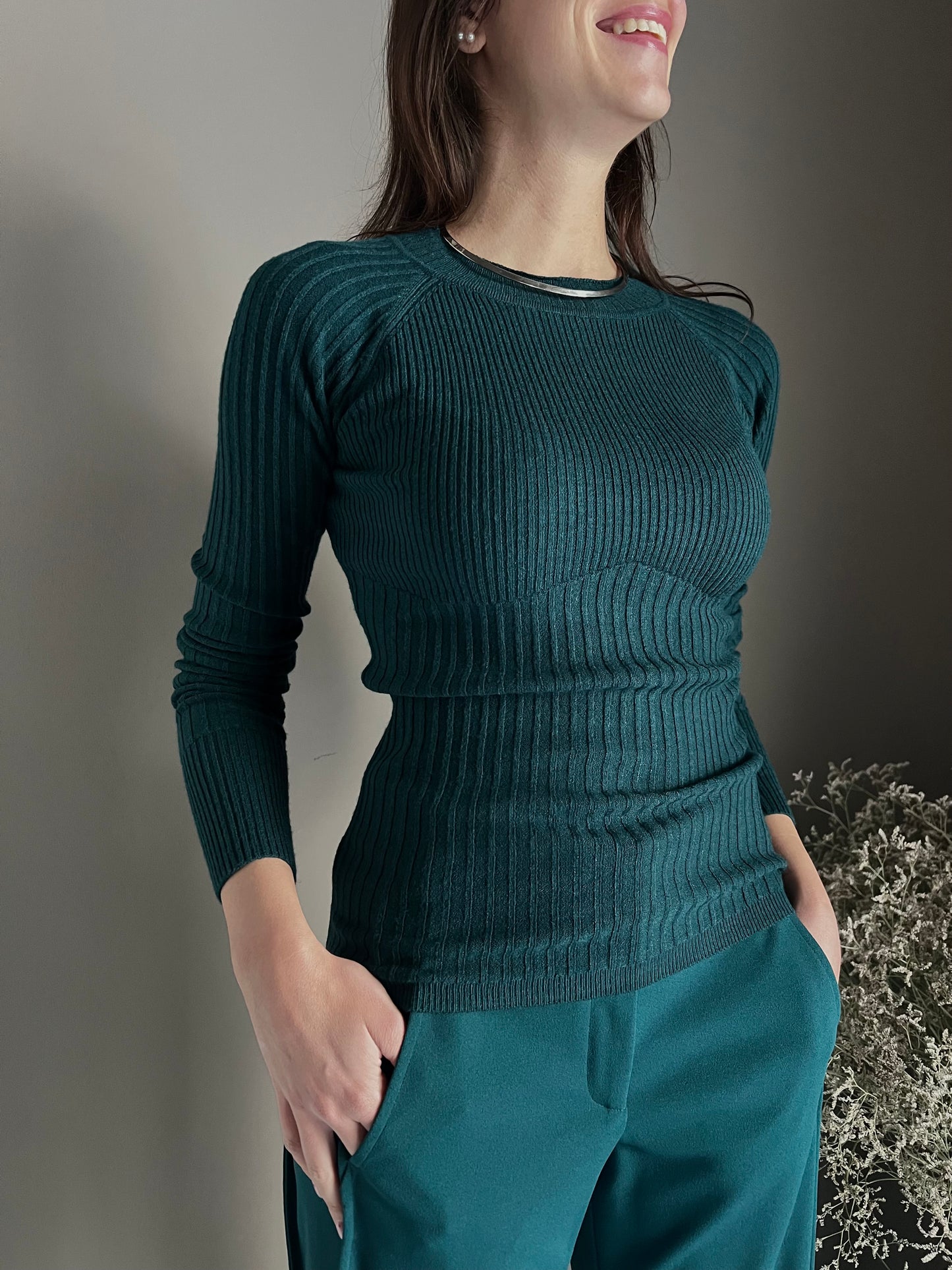 Maglia a costine manica Reglan Deep Green