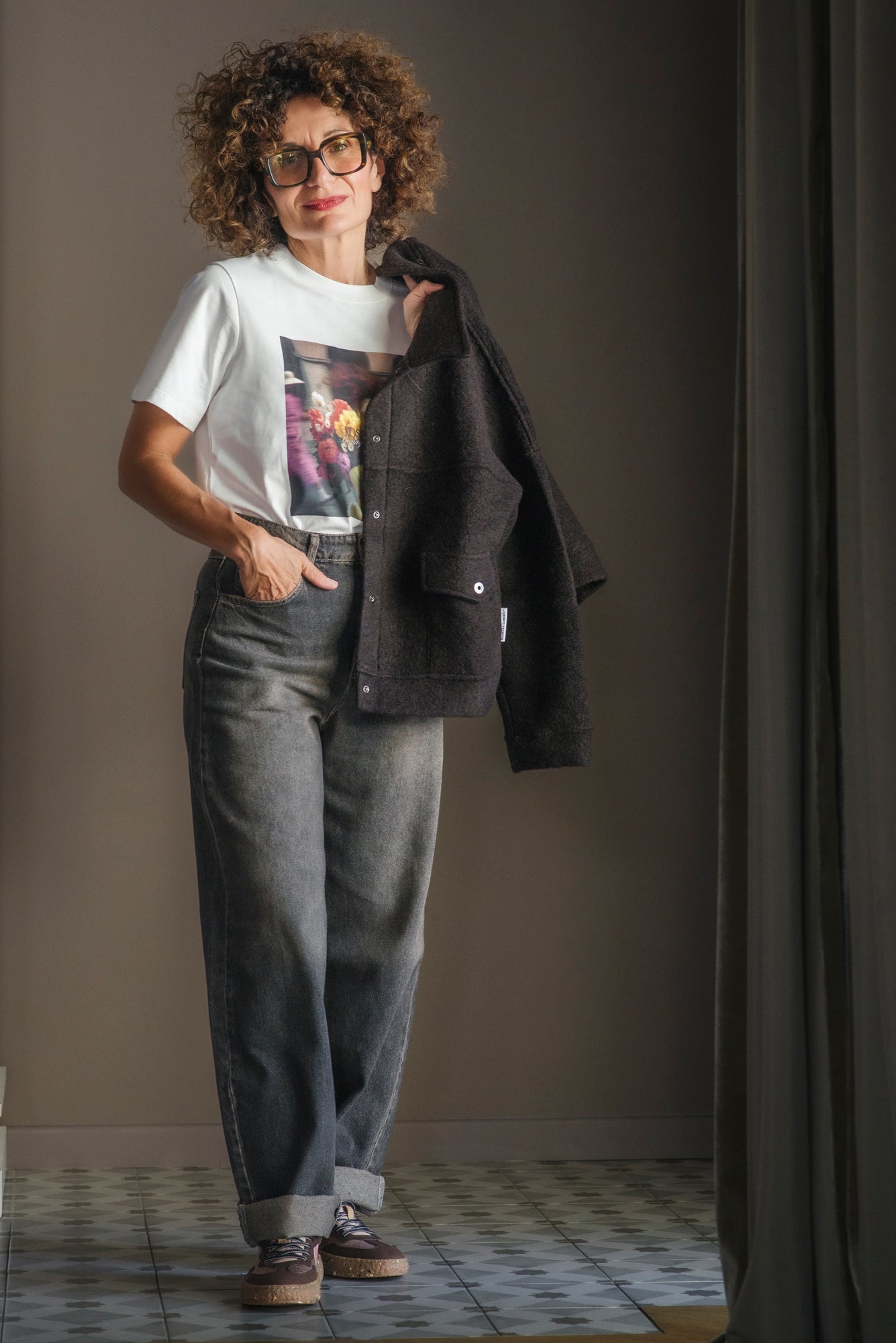 Pantalone denim grigio effetto vintage
