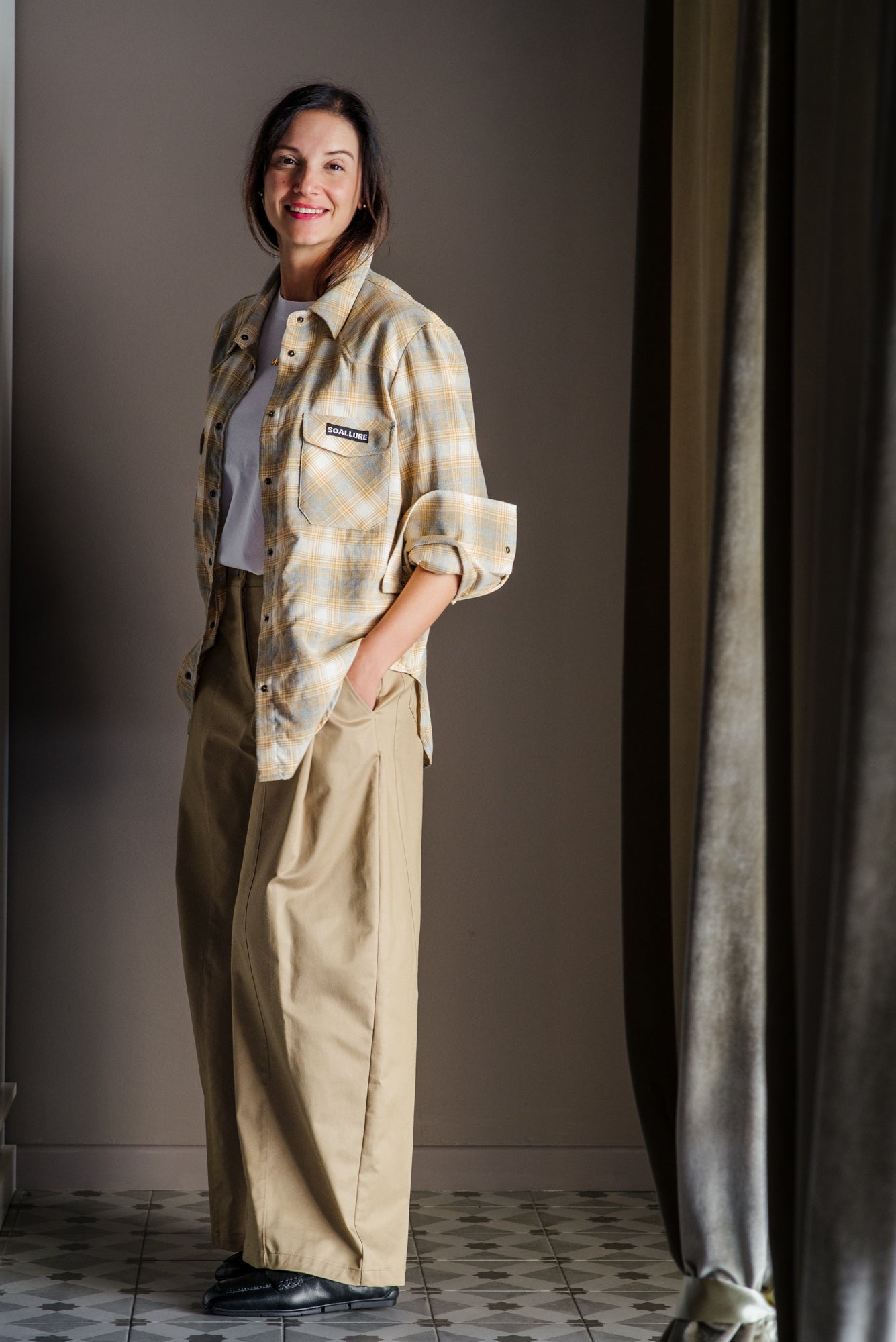 Camicia in flanella So Allure senape grigio