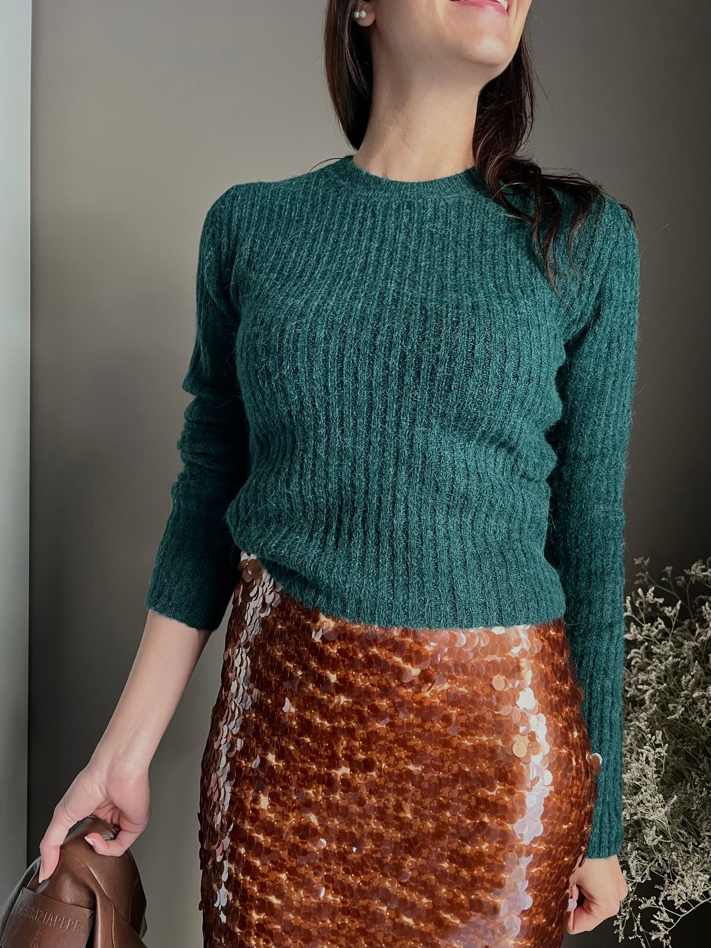 Maglia girocollo slim-fit in misto alpaca-Deep Green