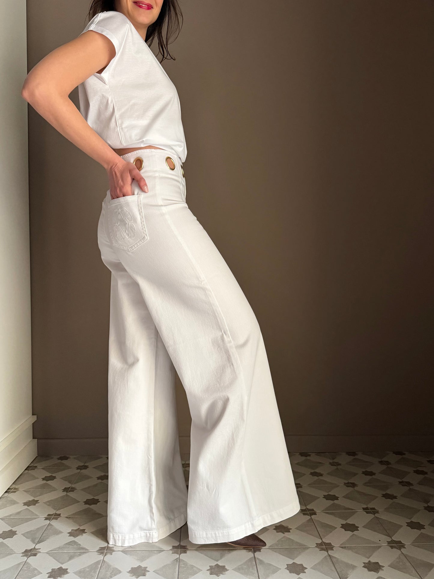 Pantalone a palazzo in drill con dettagli gold