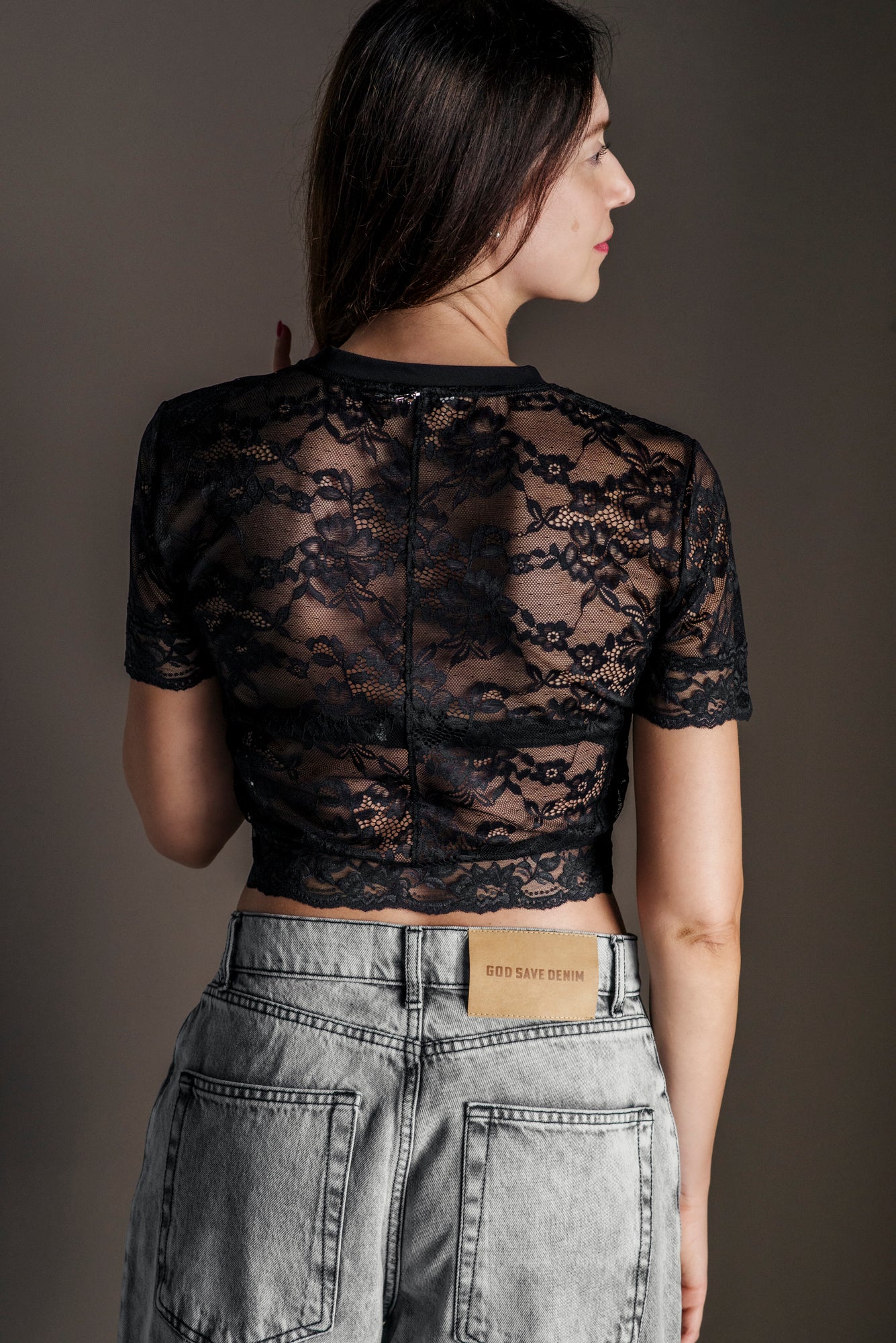 Top in pizzo floreale Nero