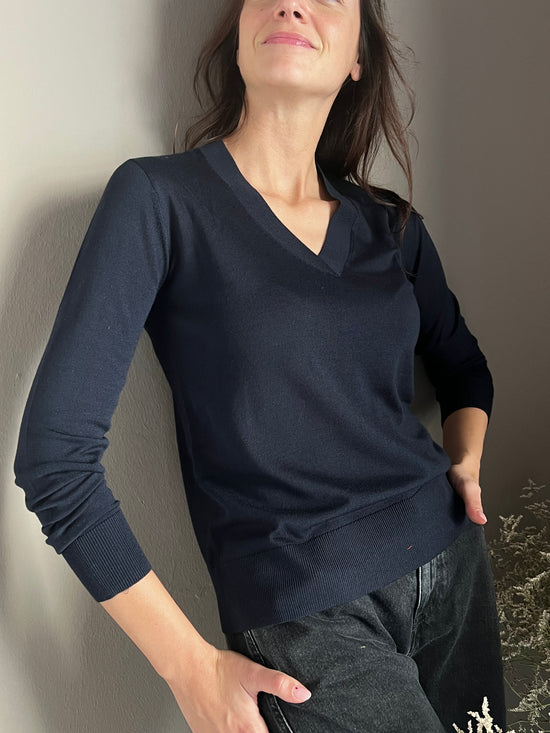Maglia scollo a V in pura lana Blu