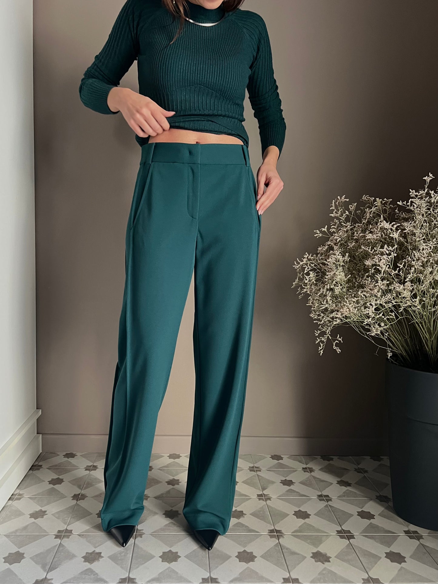 Pantalone a palazzo in crêpe fluid Deep Green