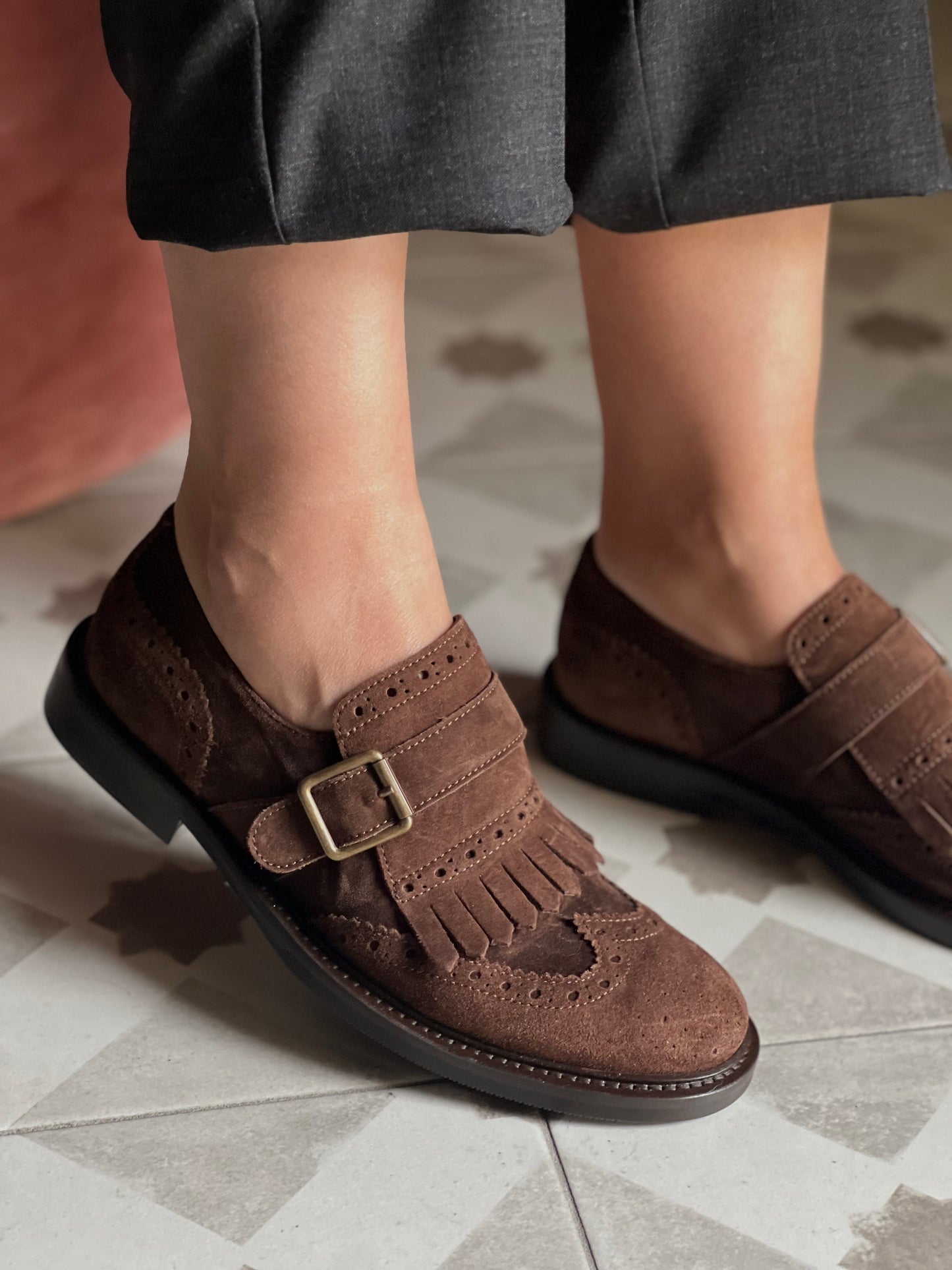 Mocassino Frangia e Fibbia Anna F. in Camoscio Marrone