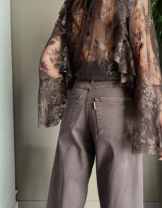 Pantalone denim vita alta forma a caramella