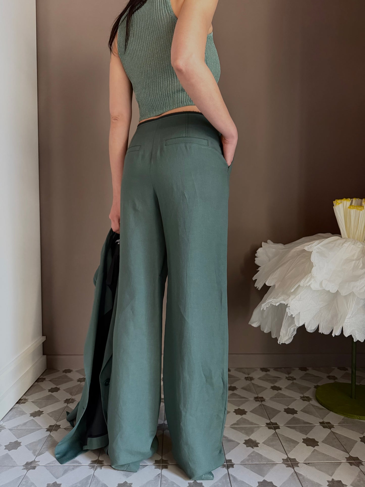 Pantalone Wide Leg in Lino e Viscosa – Verde Salvia