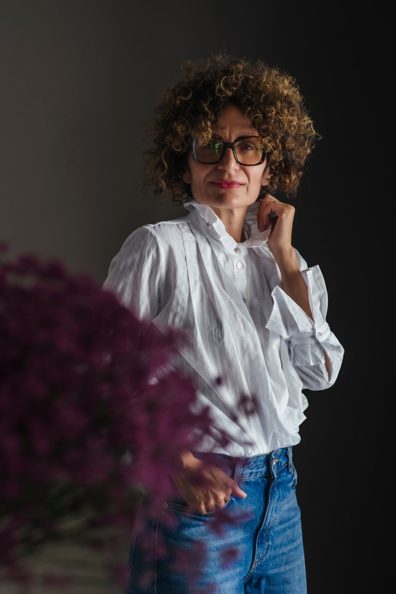 Camicia in cotone svasata con dettagli plisse bianca