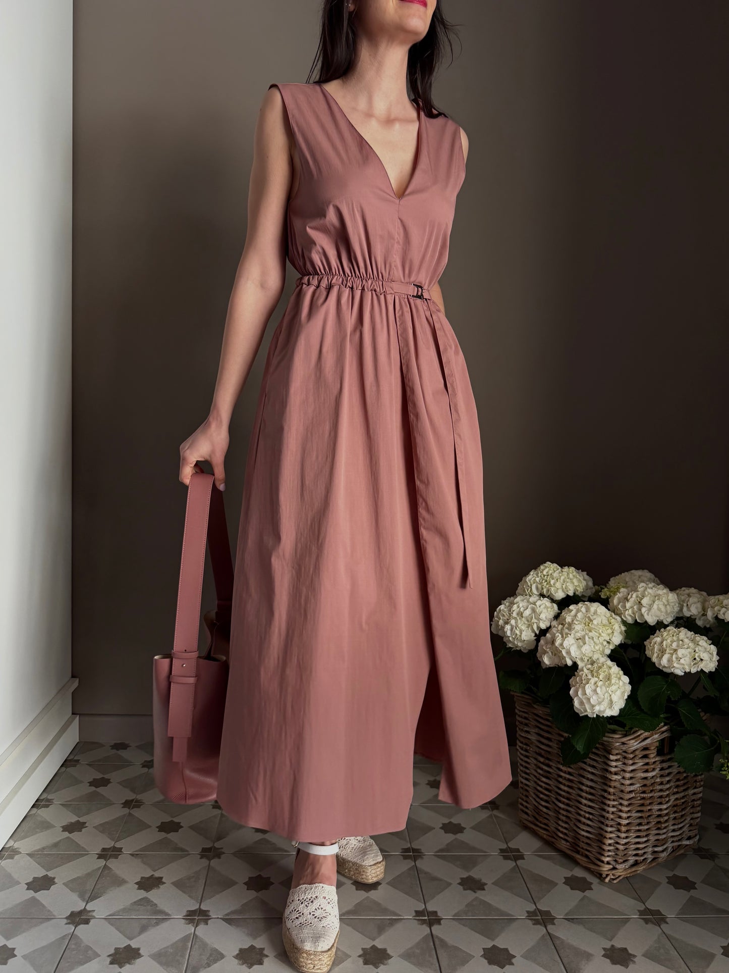 Abito midi in popeline di cotone terracotta