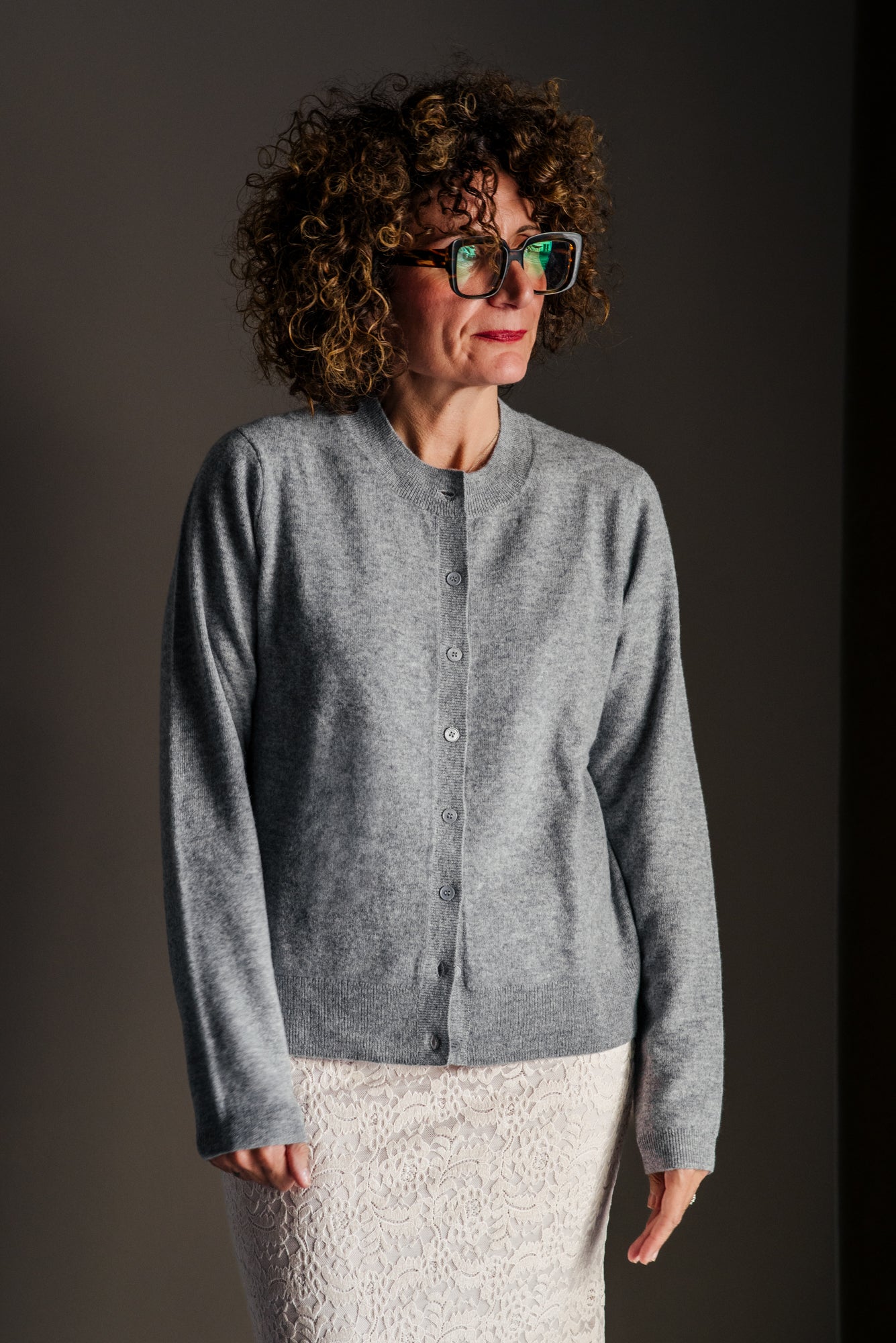 Cardigan  in Lana e Cashmere grigio perla