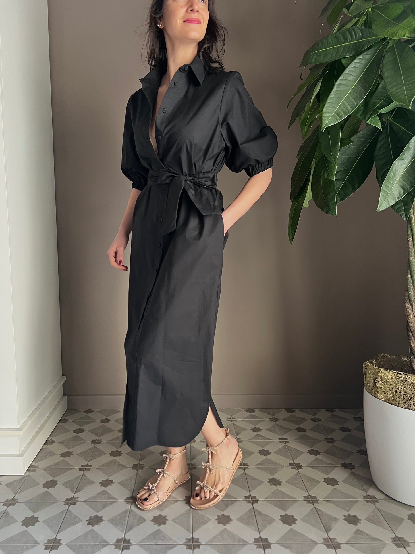 Abito chemisier in cotone nero