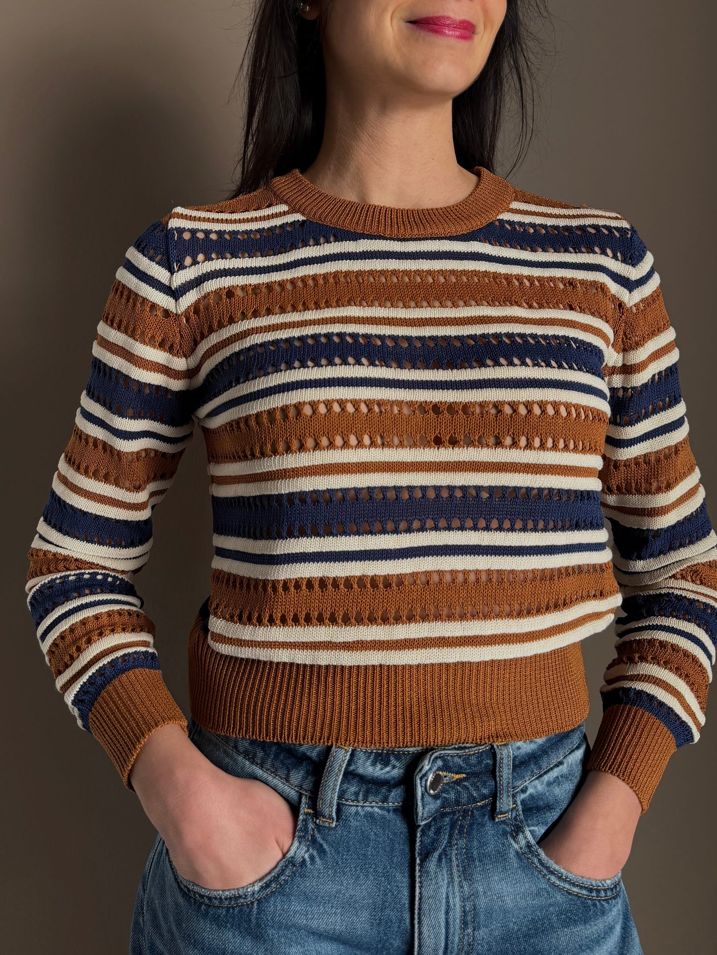 Maglia girocollo a righe misti cotone