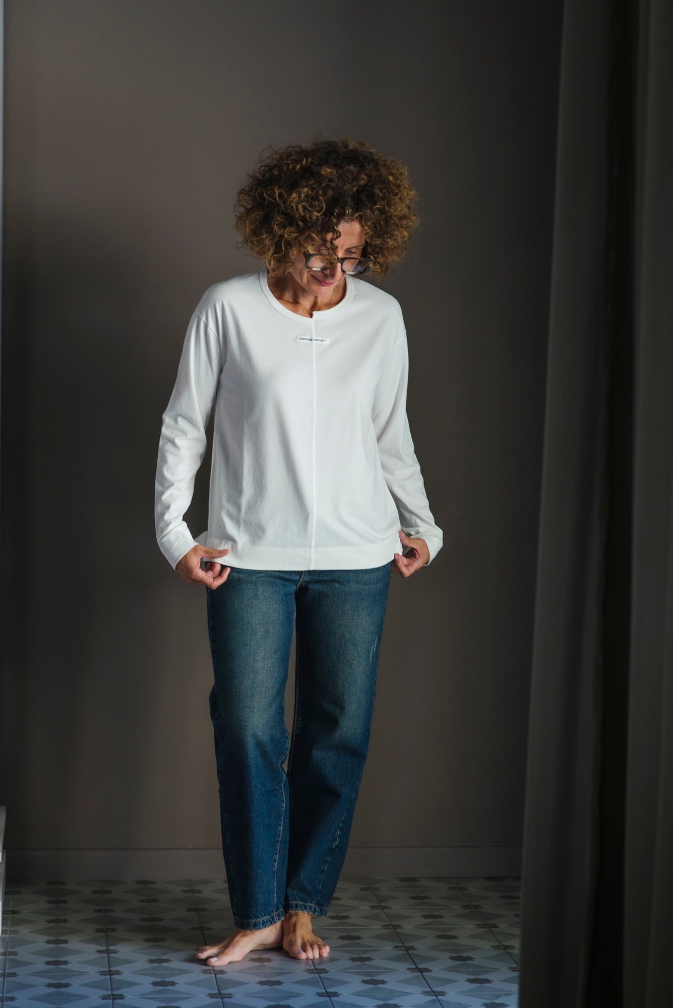 T-shirt manica lunga in cotone soft-touch Bianco Latte