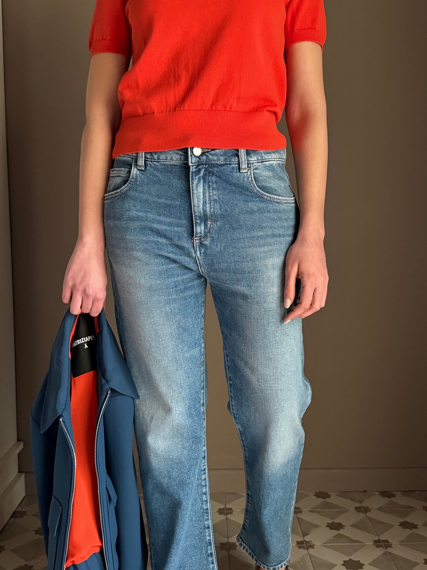 Pantalone denim straight vita bassa