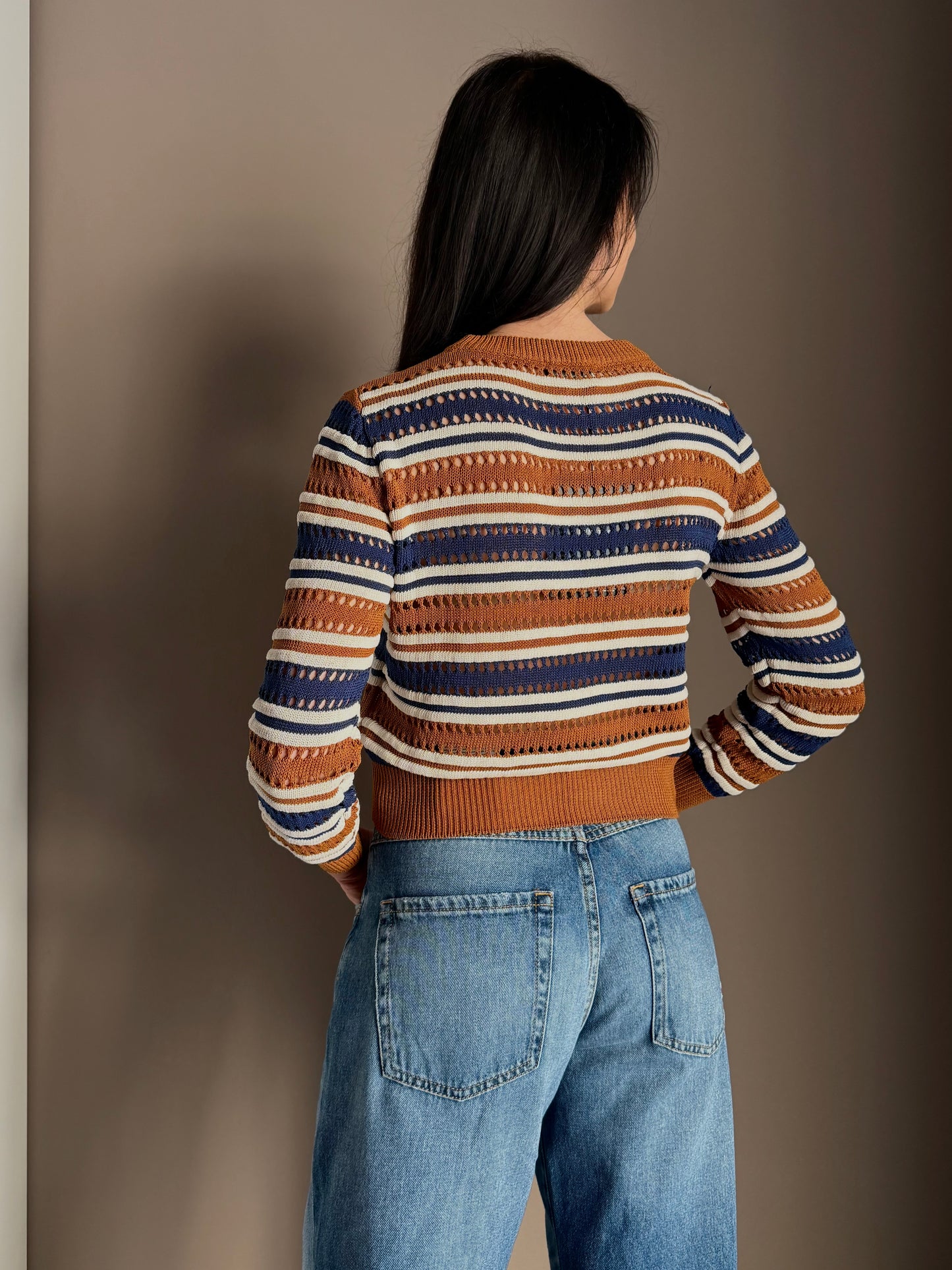 Maglia girocollo a righe misti cotone