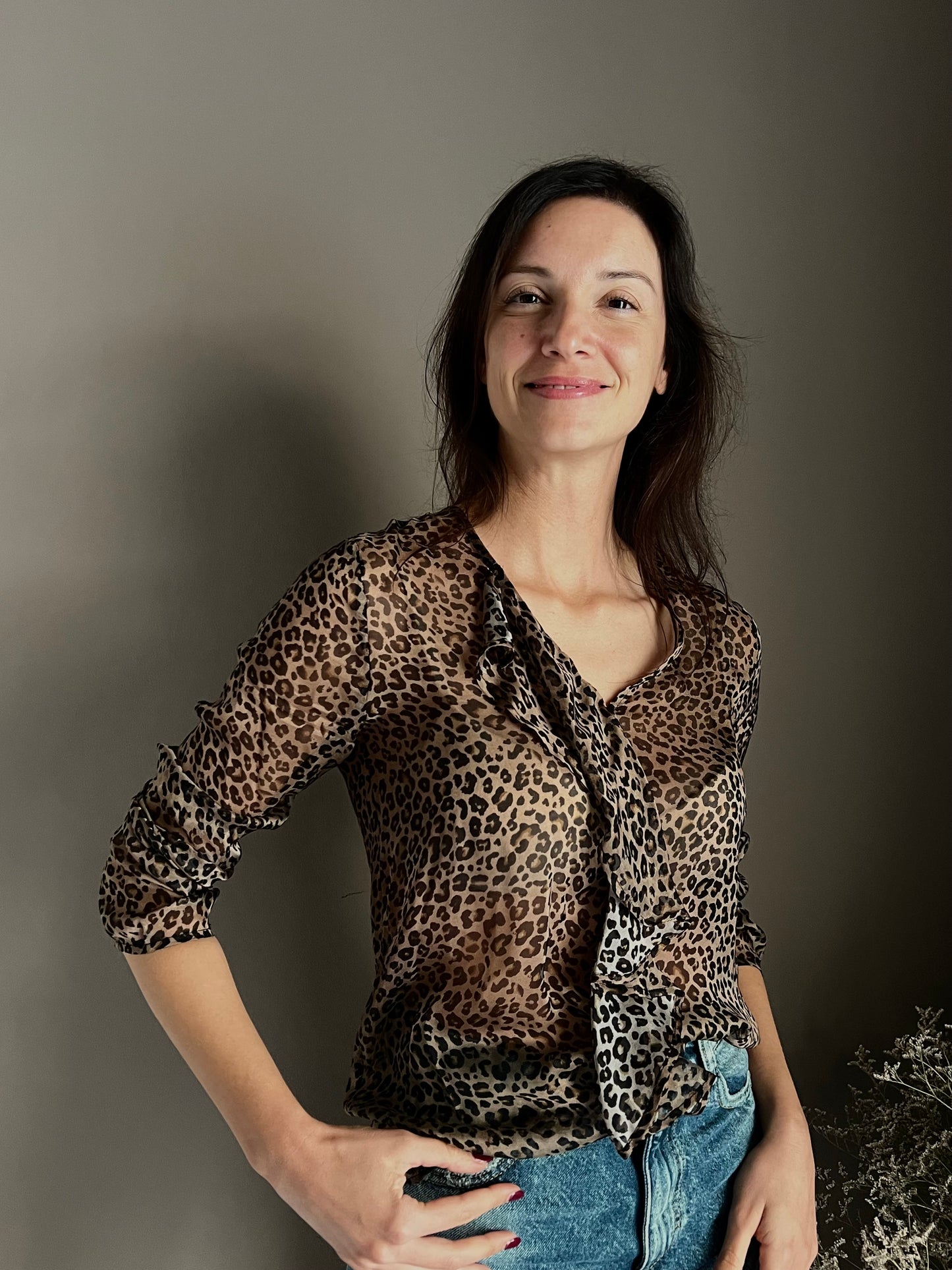Camicia in viscosa e seta animalier