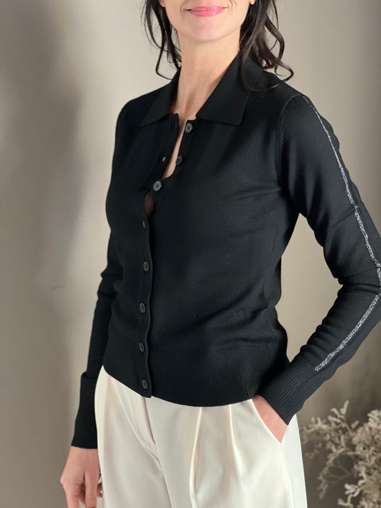 Cardigan in lana  nero con collo a polo