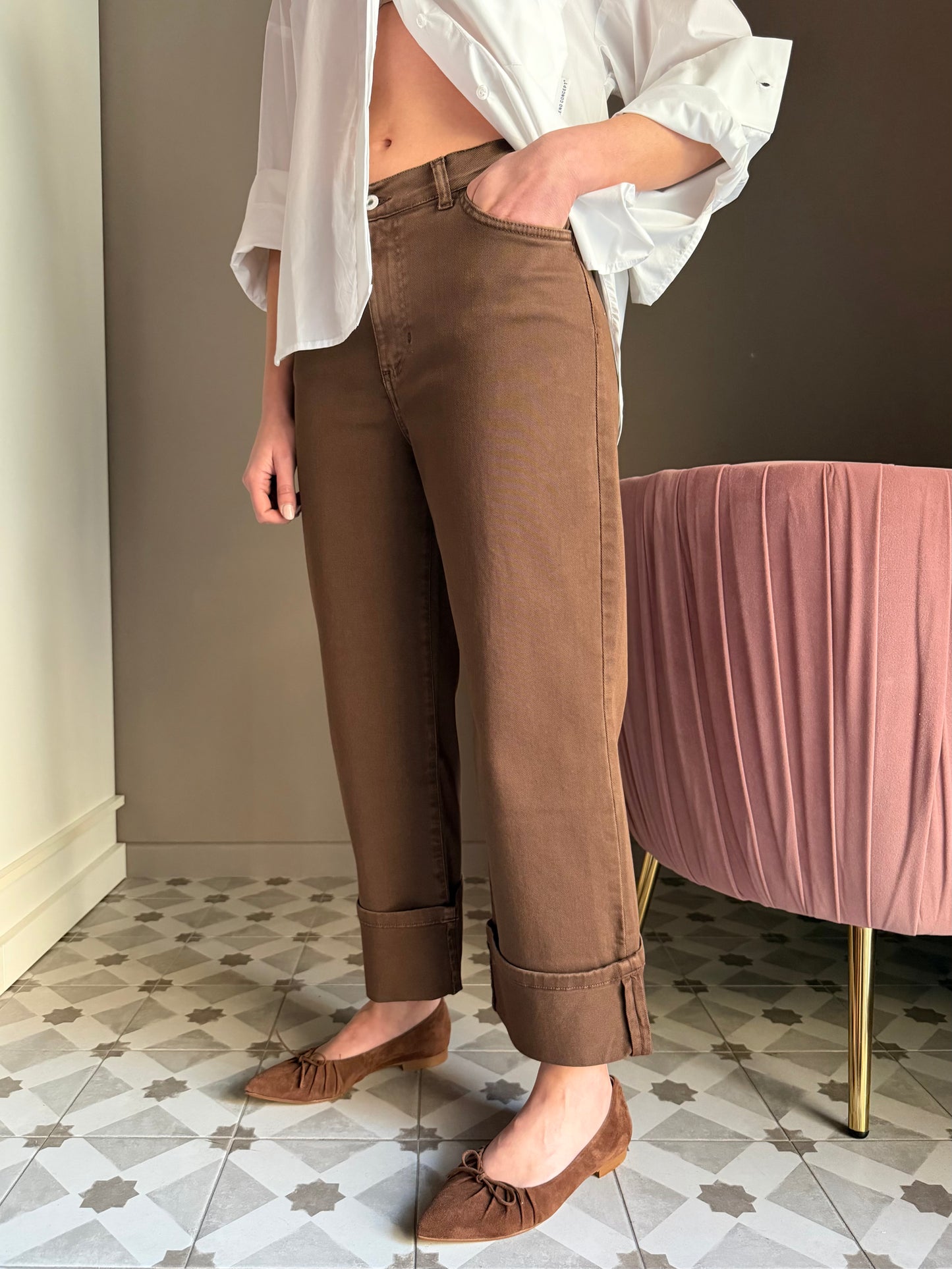 Pantalone straight in drill di cotone