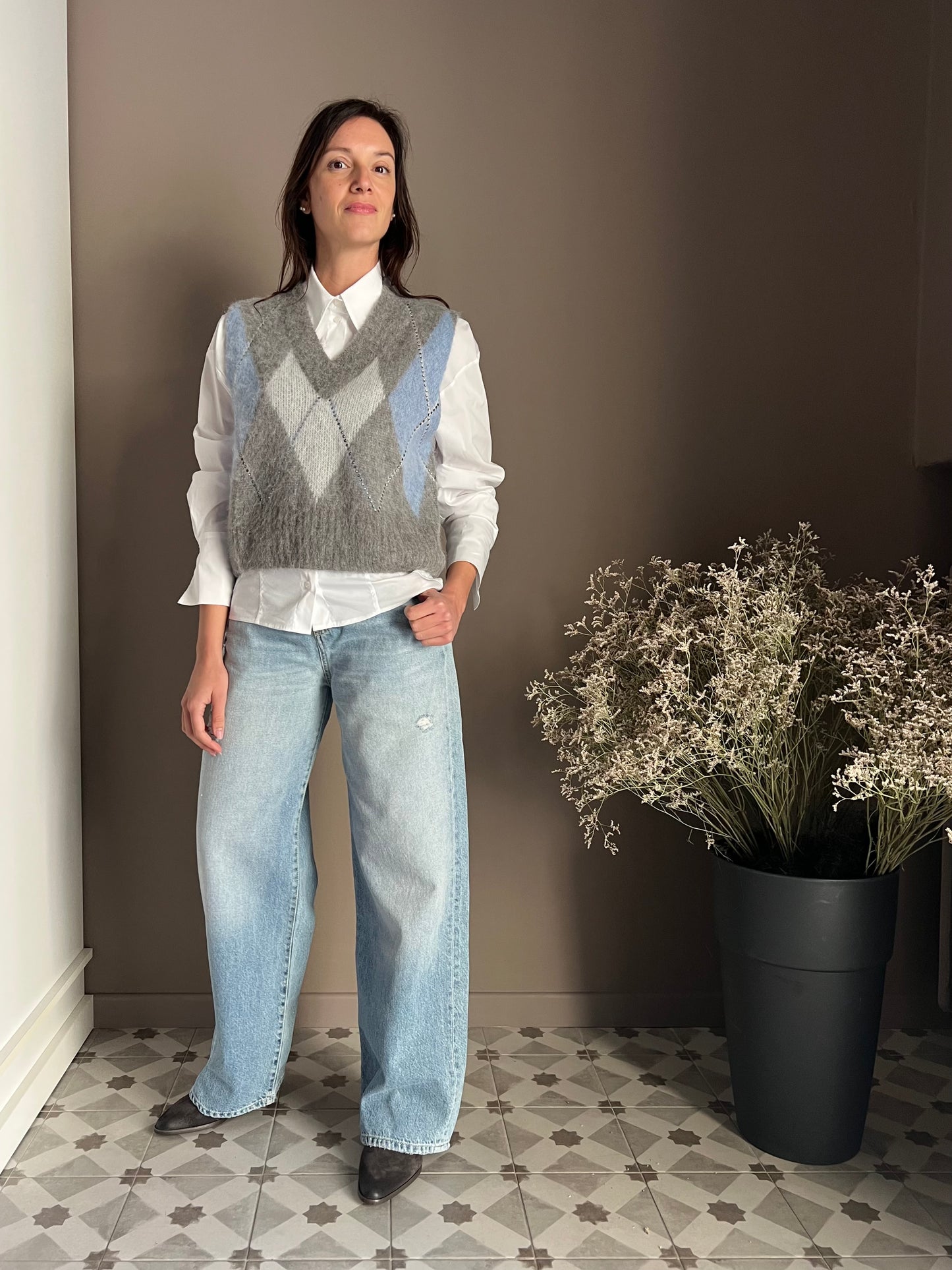 Gilet Oversize in Alpaca e Lana con Motivo Losanghe e Strass