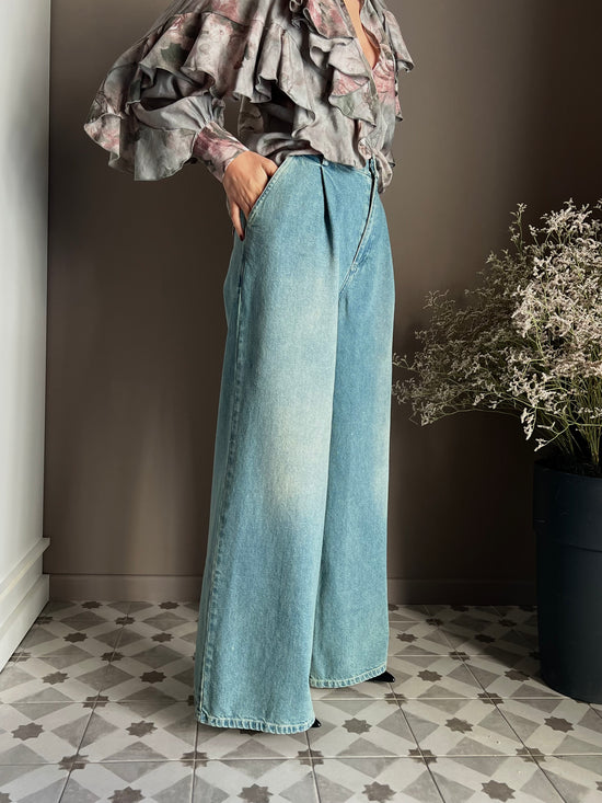 Pantalone denim Wide-Leg con pinces