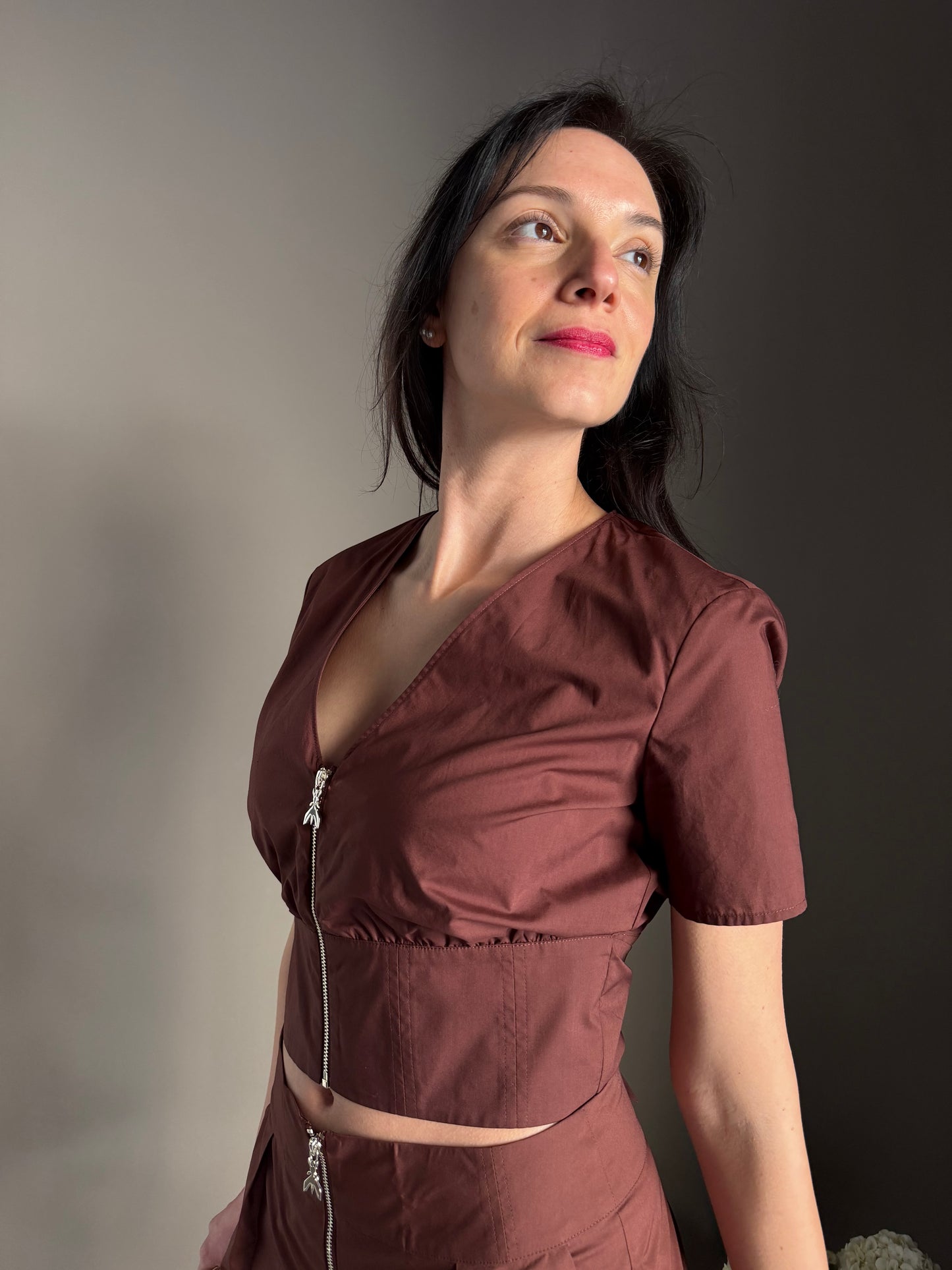 Top Cropped in Popeline di Cotone Brown