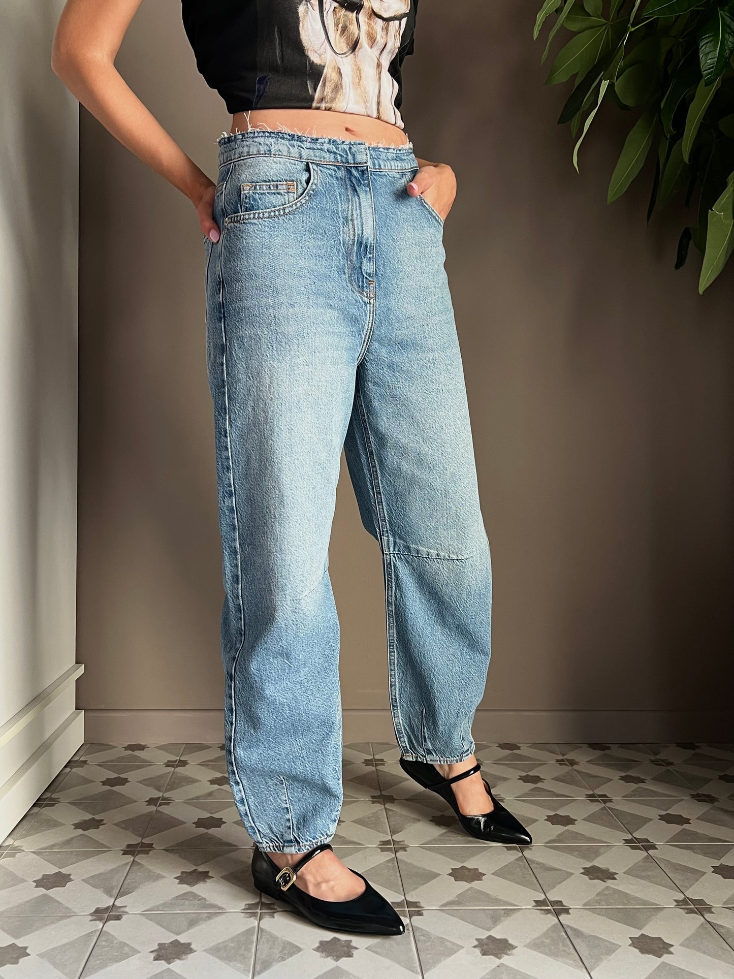 Pantalone denim vita bassa a baloon