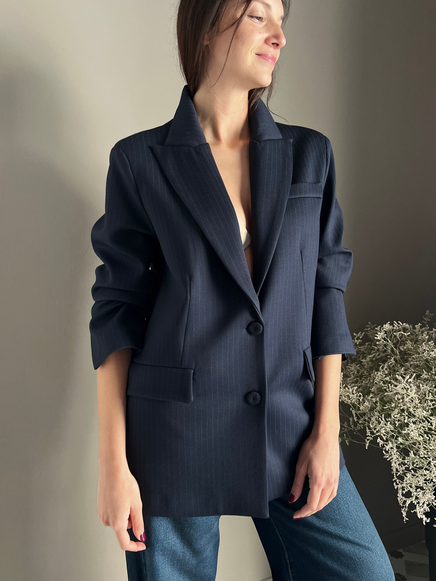 Giacca gessata over in punto stoffa navy
