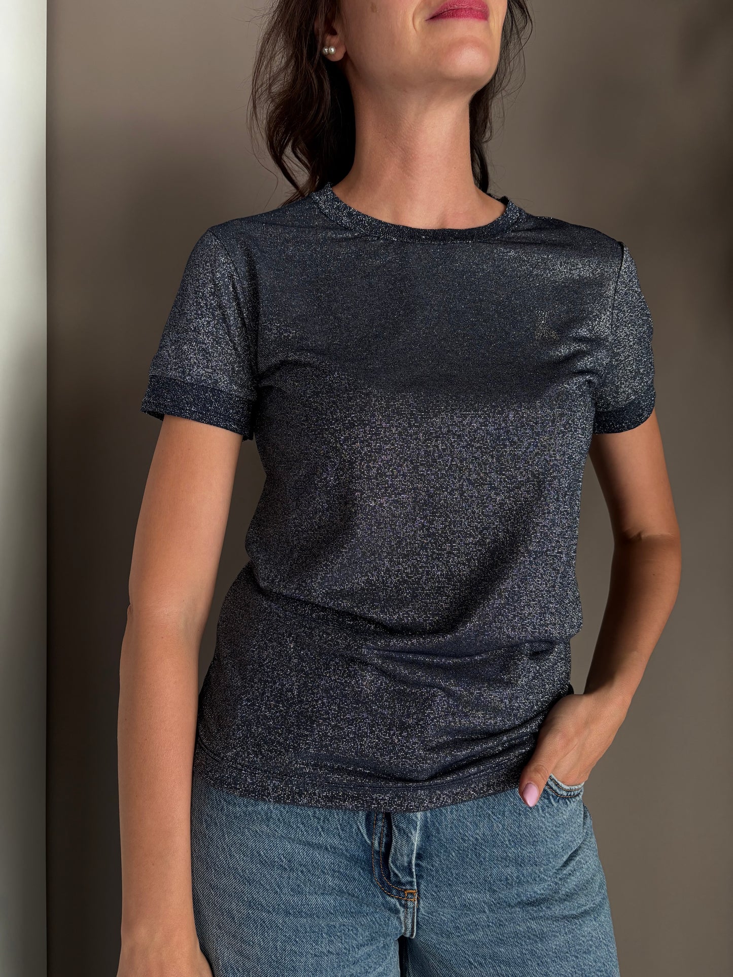 Maglia in viscosa e lurex blue denim