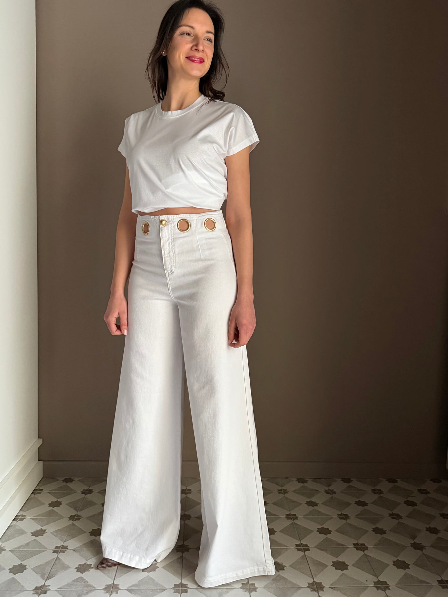 Pantalone a palazzo in drill con dettagli gold